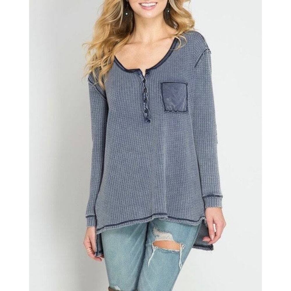 Long Sleeve Stone Washed Thermal Top Dark Blue Waffle She + Sky